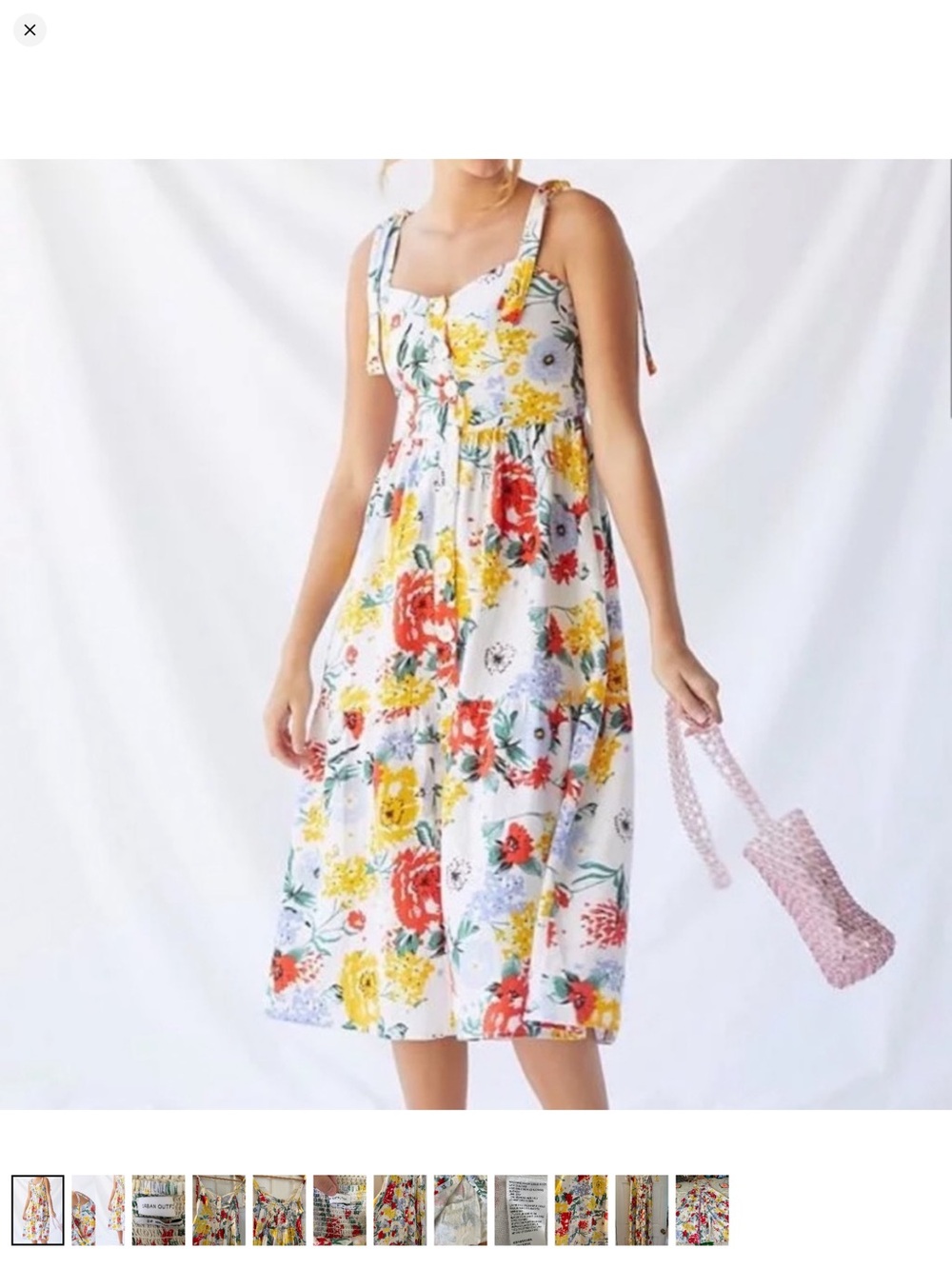 Urban Outfitters White Midi Dress with Red & Yellow Floral Print and Tie Straps